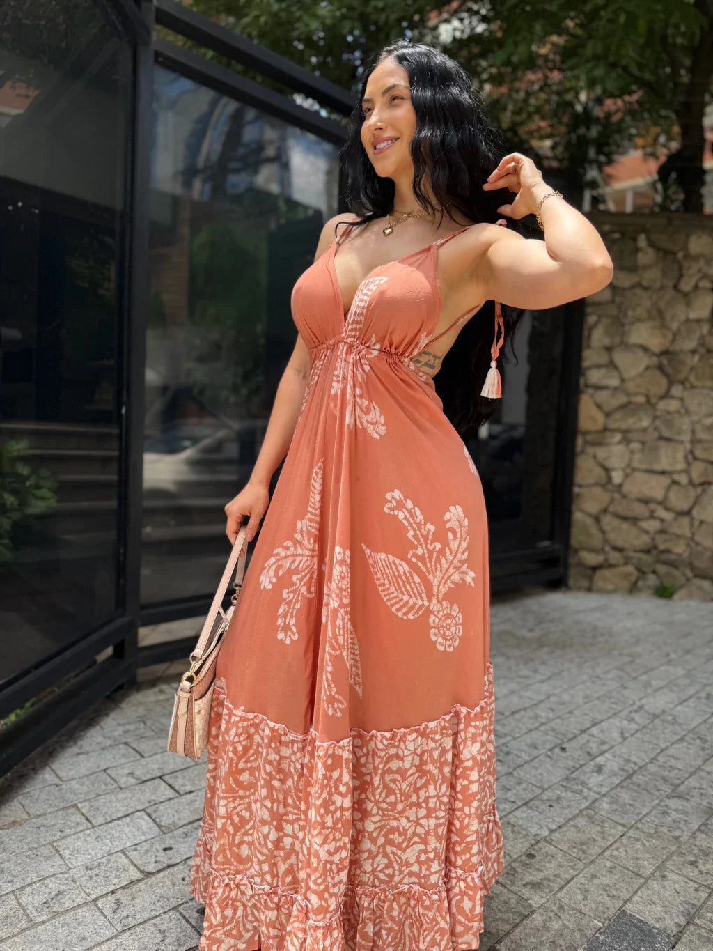 VESTIDO EM VISCOSE LONGO BIANCA LARANJA