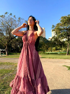 VESTIDO EM VISCOSE LONGO MELISSA ROSA QUEIMADO
