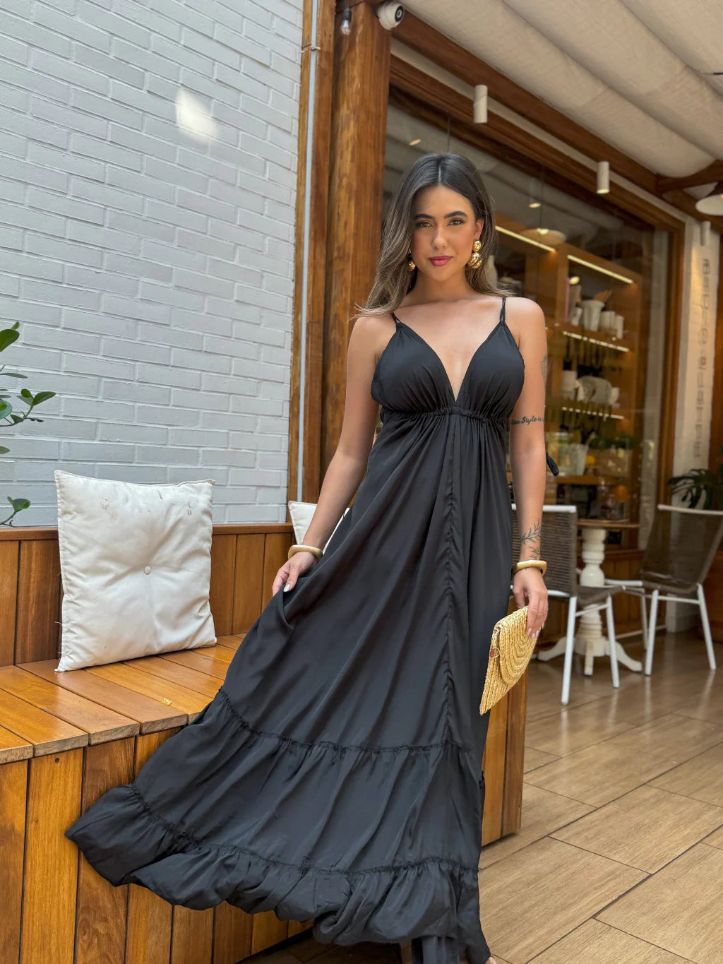 VESTIDO EM VISCOSE LONGO LISO ALLINI PRETO