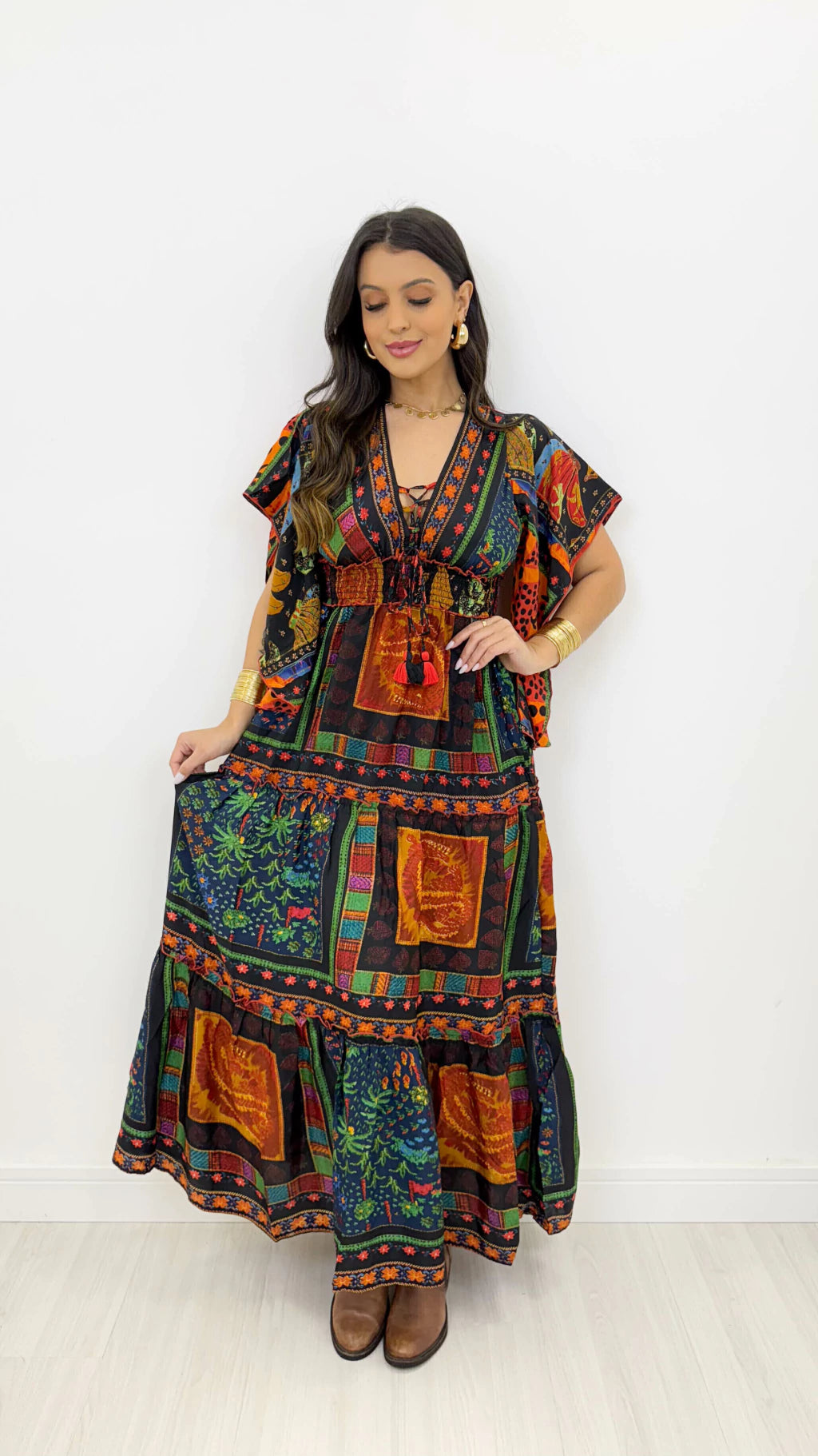 Vestido Indiano Longo Boho com Manga, Toque de Seda – Aurelion