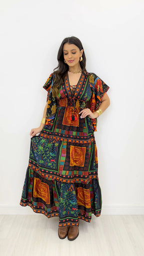 Vestido Indiano Longo Boho com Manga, Toque de Seda – Aurelion