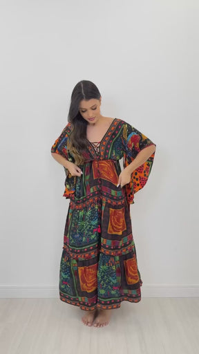 Vestido Indiano Longo Boho com Manga, Toque de Seda – Aurelion