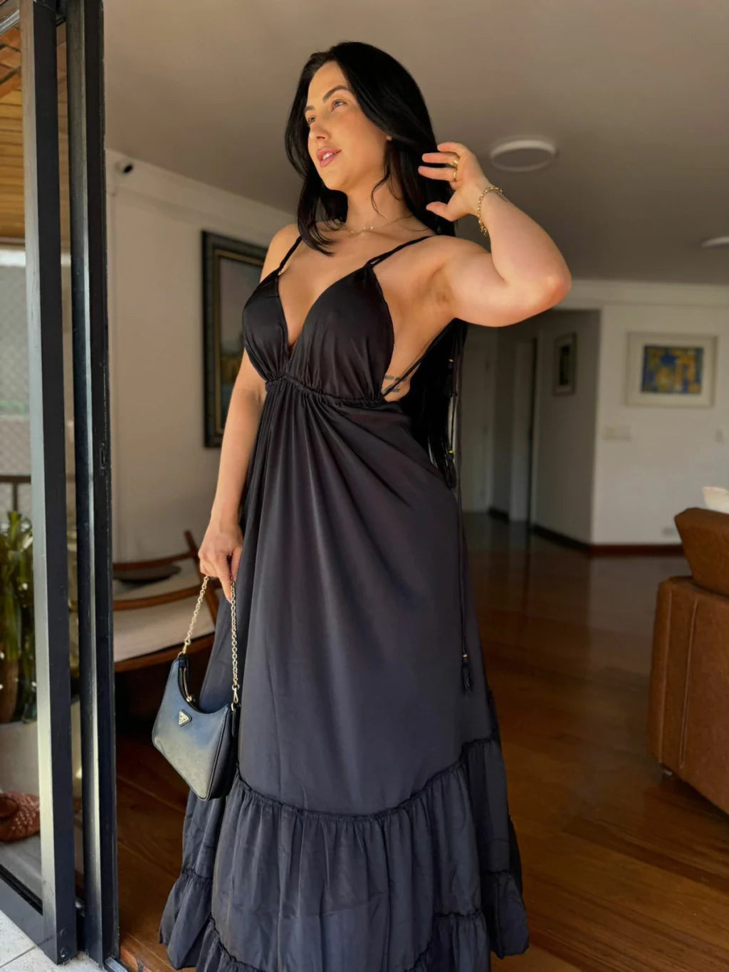 VESTIDO EM VISCOSE LONGO LISO ALLINI PRETO